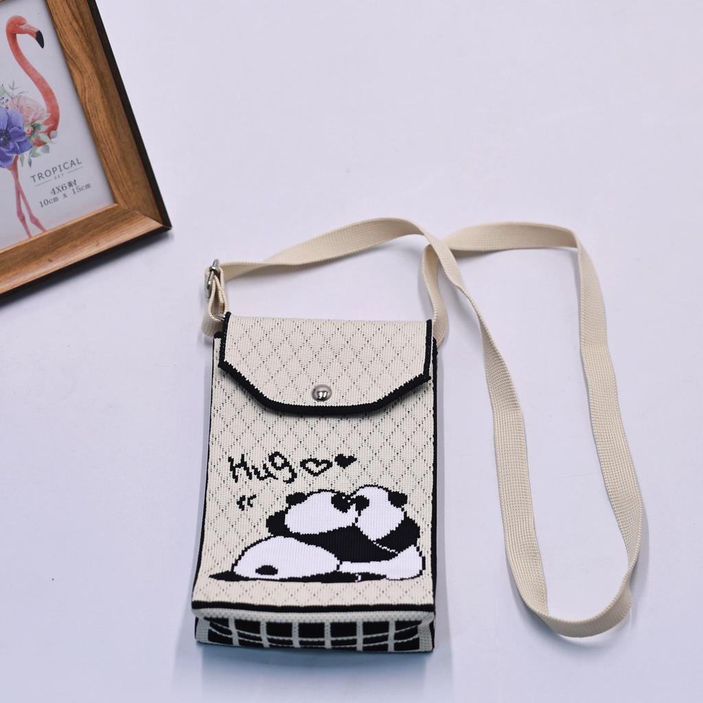 Women Cartoon Knitted Handheld Outdoor Crossbody Bag Leisure Cute Inclined Shoulder Bags Snap Button Mobile Phone Bags