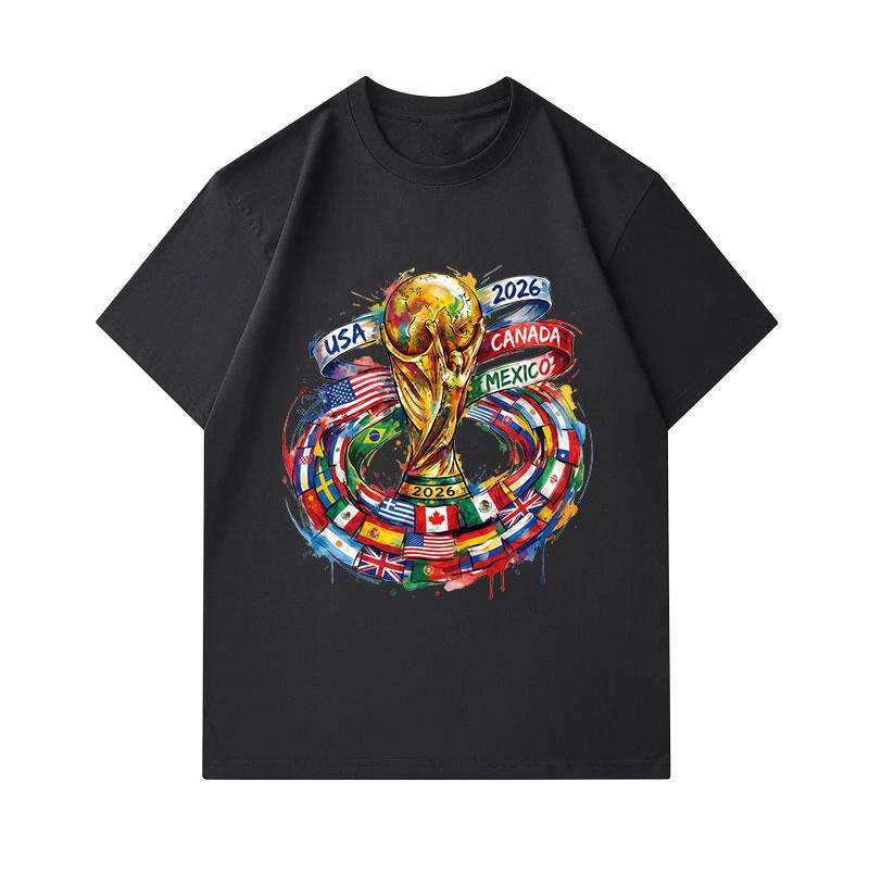 Men's 100% Cotton Crew Neck Short Sleeve T-Shirt, 2026 World Football Trophy Print Casual Tee with USA Canada Mexico National Flags Pattern for Soccer