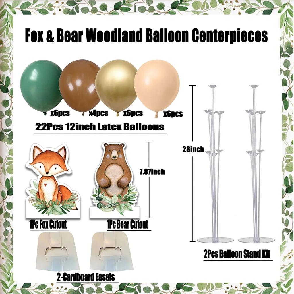Woodland Balloon Stand Kit and Animals Centerpieces, 2 Set Table Stand Holder with 22 Balloons, Fox and Bear, Deer and Raccoon cutout, Wild one 1st