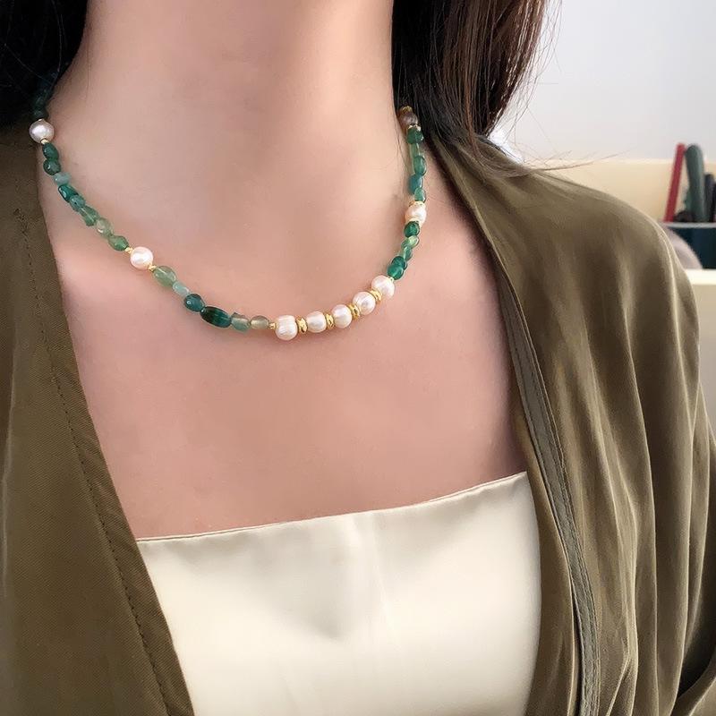 Натуральный необработанный камень Dongling Jade Pearl Ожерелье Женское литературное и антикварное Высококачественное Ключичное Цепочка Аксессуары Зеленая Кристаллическая Цепочка На Шею