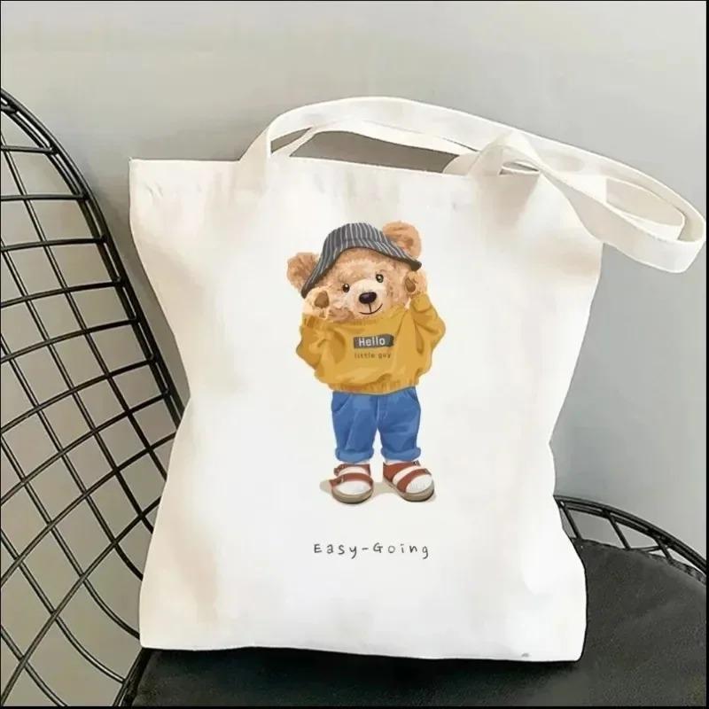 Harajuku Cute Bear Art Shoulder Bags Kawaii Tote Handbag Canvas Girl Environmental Large Capacity Portable Shopping Bag