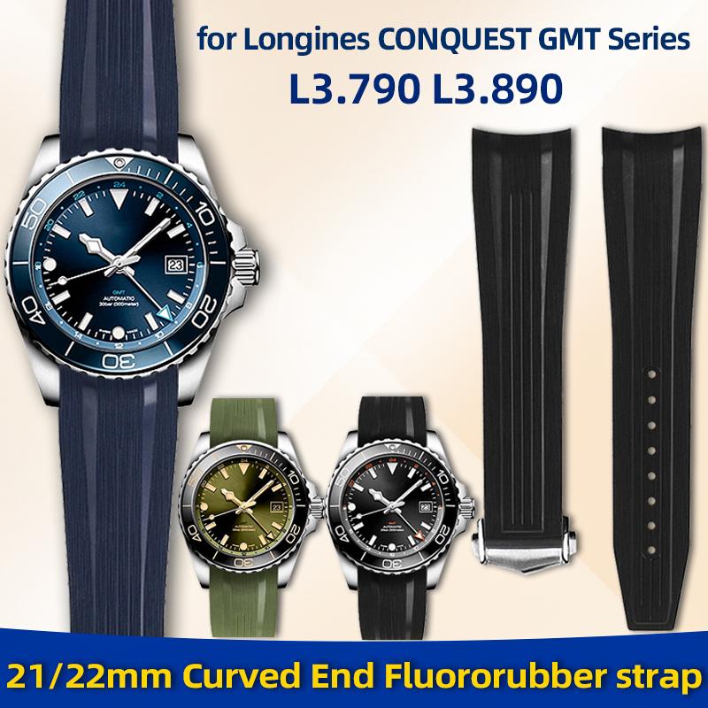 21 мм 22 мм изогнутый конец фторкаучуковый ремешок для часов Longines CONQUEST GMT L3.790/L3.890 браслет для мужских часов с циферблатом 41/43 мм