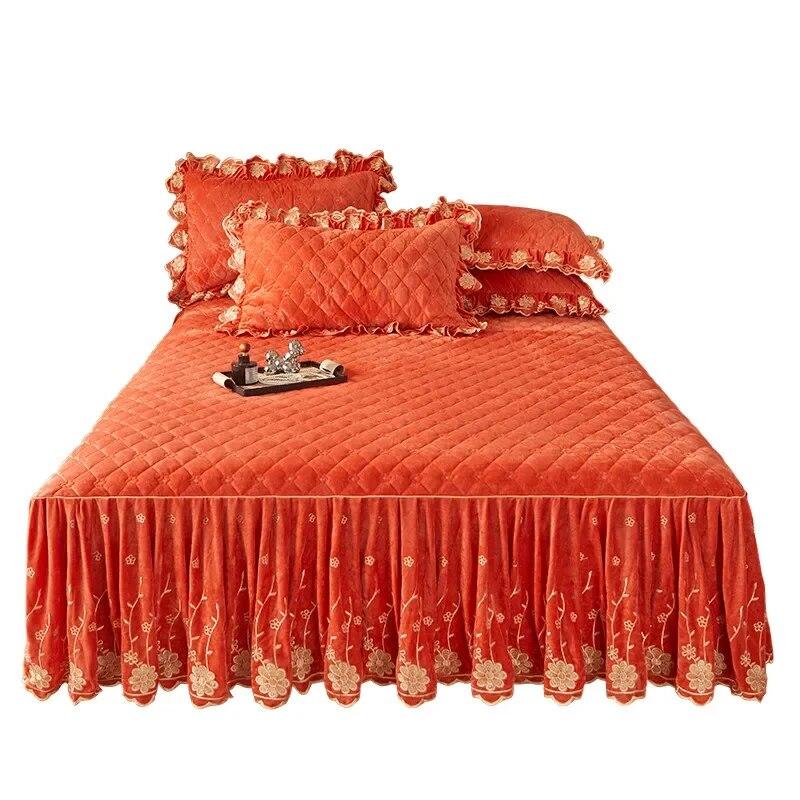 Стеганое покрывало с цветочной вышивкой, плотная бархатная юбка-кровать, роскошная мягкая юбка с 2 подушками, дропшиппинг Queen King