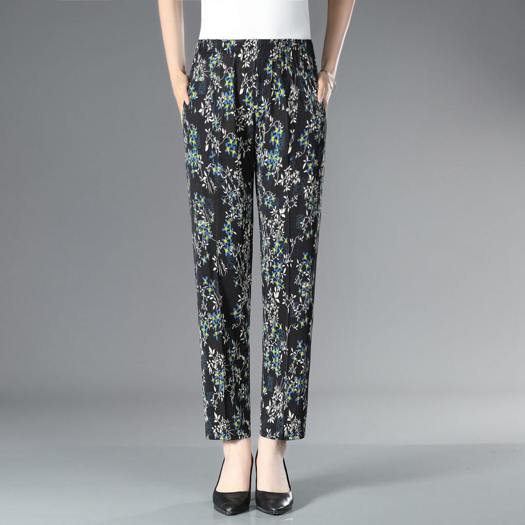 Летние брюки с цветочным принтом для женщин среднего и пожилого возраста. Эластичные брюки с высокой талией и цветочным принтом больших размеров для женщин среднего возраста.