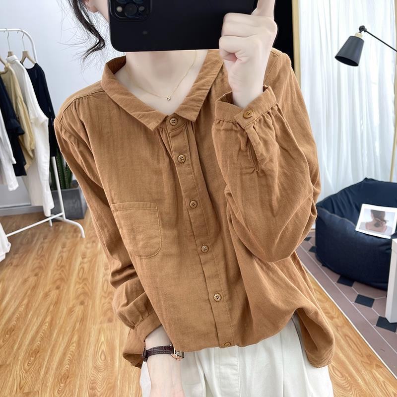 Женская одежда Лонгслив с воротником поло однотонный офисный стиль для леди-коммутера весна-осень свободный винтажный на пуговицах с карманами рубашка