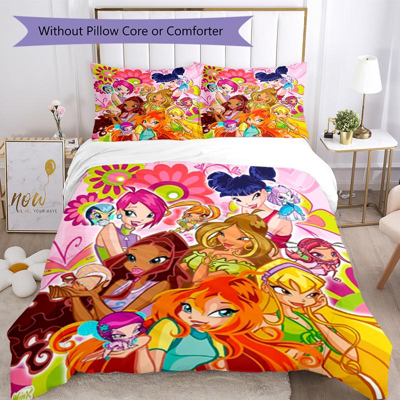 3 шт. Комплект постельного белья Winx Club Застежка на пододеяльнике Включает 1 пододеяльник и 2 наволочки, Мягкий и удобный для всех сезонов.