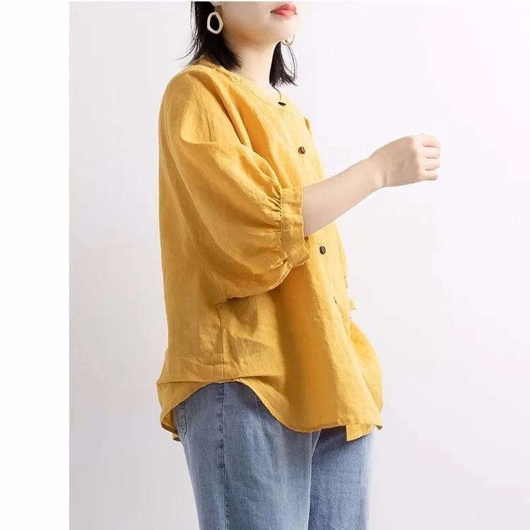 Женская летняя литературная винтажная рубашка из хлопка и льна, однотонные свободные топы со средним рукавом