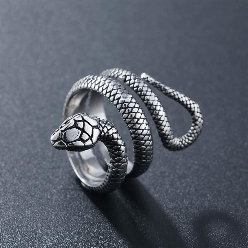 [Rockyu] Ring Men's Free Size Silver Black Snake Snake Snake Ring Finishing Titanium Ring Amulet Good Luck Amulet Ring Cool Snake Shape Free Hip Hop