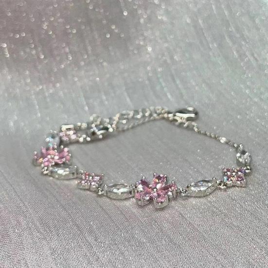 Women Bracelet Shiny Rhinestones Inlaid Flower Shape Adjustable Bracelet Versatile Fashion Accessory