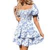 Women's Fashionable Floral Print Square Neck Pleated Short Sleeved Vacation Casual Dress
