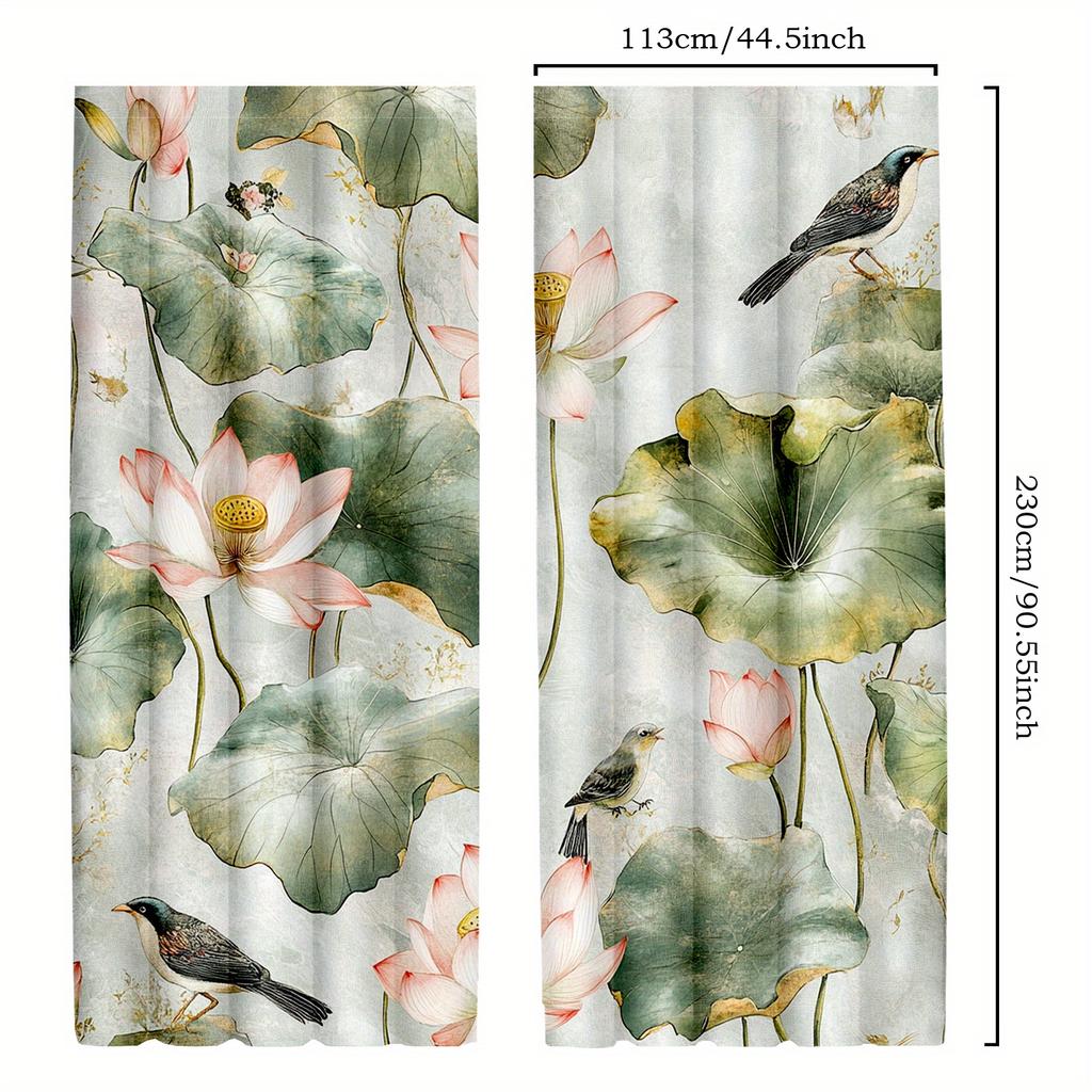 2pcs Elegant Watercolor for Lotus & Bird Print Curtains - Retro Japanese Style, Semi-Transparent Polyester Drapes for Bedroom &