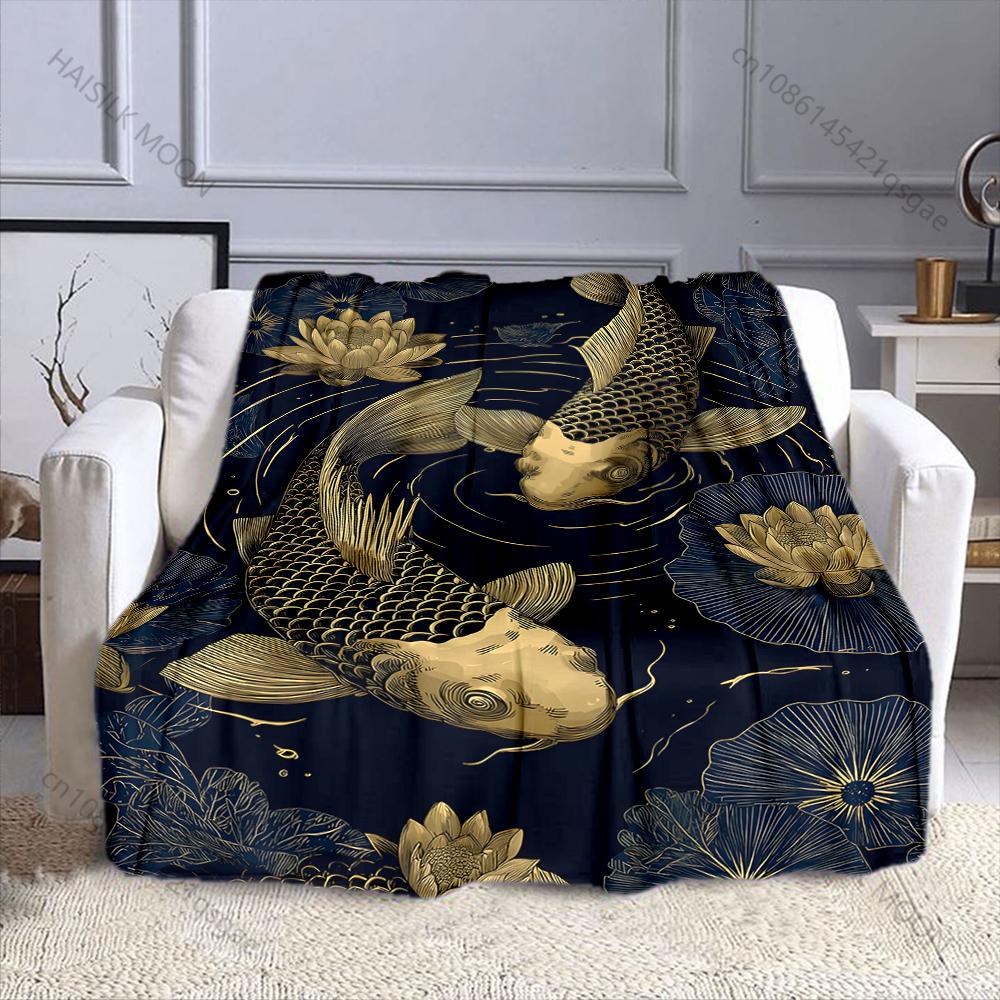 Multiple sizes Two koi fish and lotuses Print Blanket Flannel Material Soft Warm for All Seasons Home Outdoor Camping Picnics RV