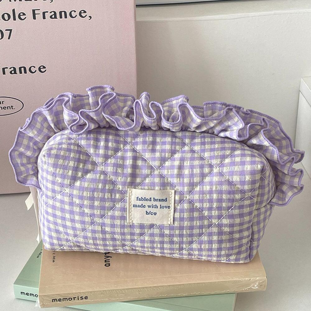 with Zipper Cosmetic Cases Plaid Pattern Toiletry Organizer Sweet Ruffle Makeup Bag Girl
