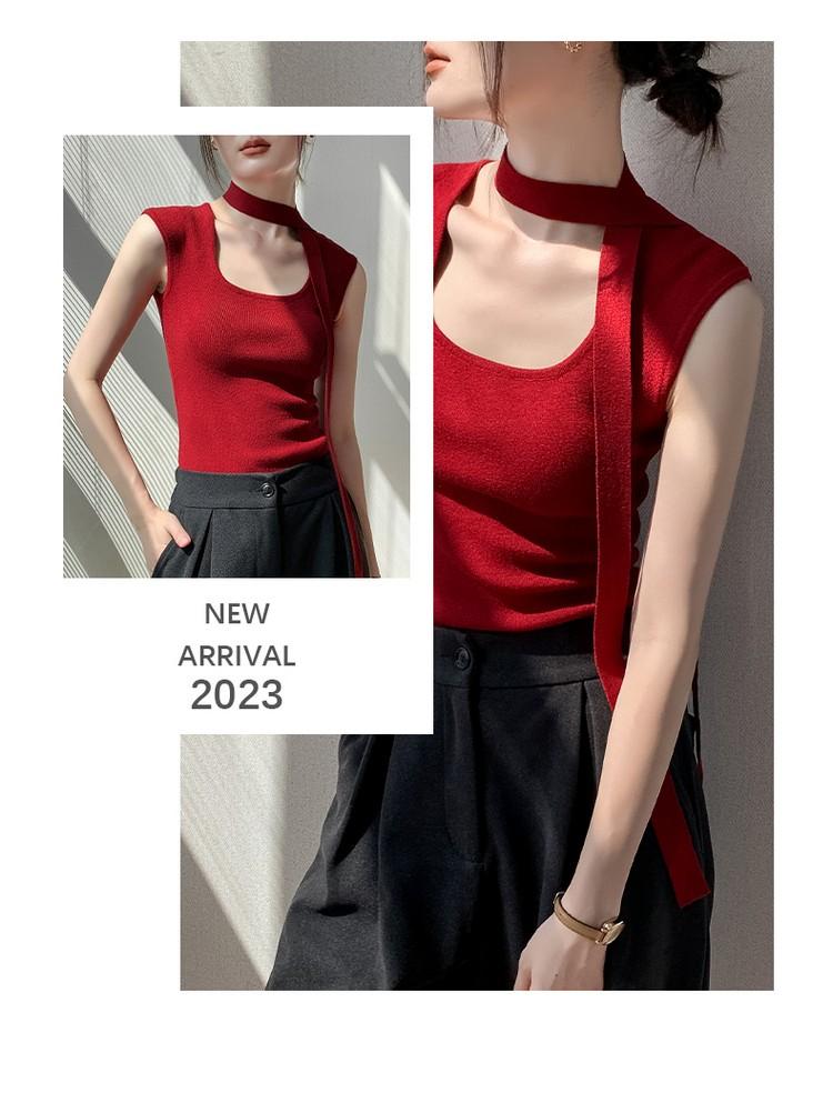 2025 Autumn/Winter New Fashionable Style French U-neck Sleeveless Tank Top Knitted Shirt Women's Age Reducing Tank Top Interior Bottom
