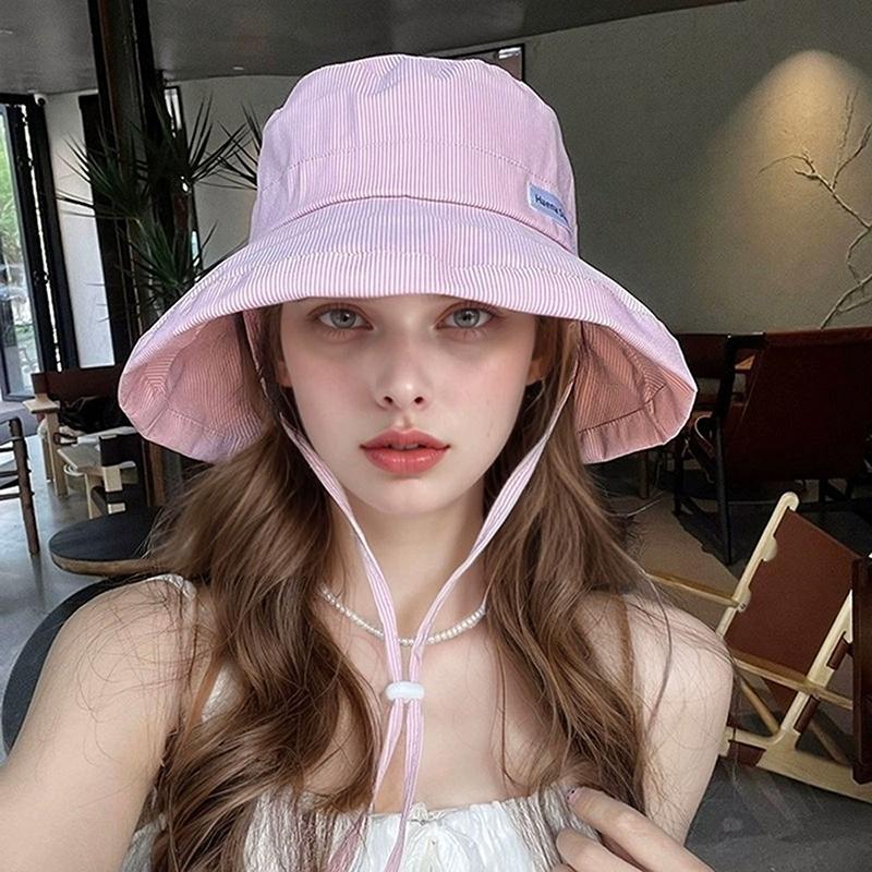 Korean Version Of Fresh Striped Bucket Hat Spring And Summer Thin Women'S Outdoor Sunshade Lace-Up Big Eaves Foldable Sun Cap