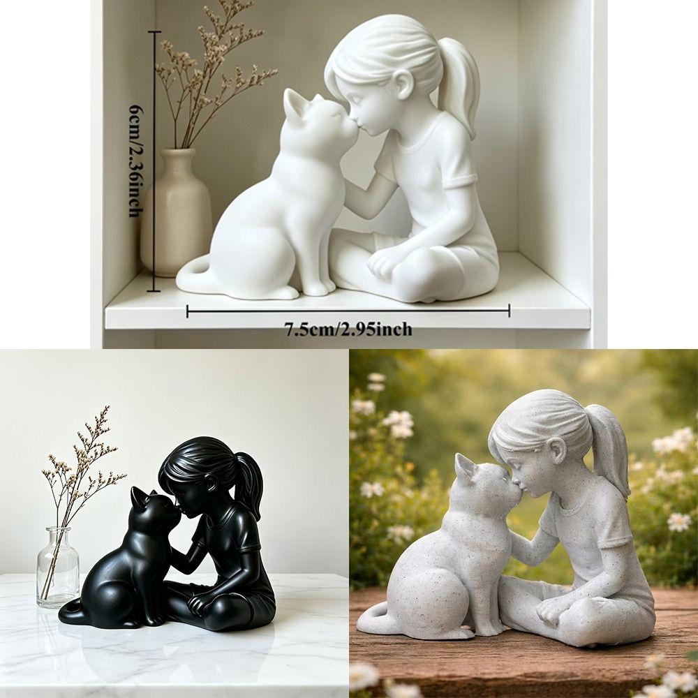 Plastic Girl Cat Friendship Statues Unique Desktop Cat Figurine Girl Cat Ornaments Living Room