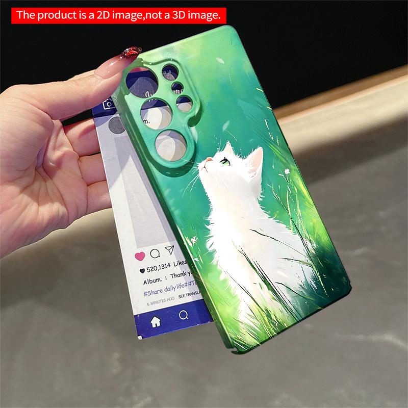 2DFlat Samsung phone case White Cat in Green Meadow Art Print Applicable to Galaxy S23 S24 S25ULTRA S26 A12 A14 A15 A16 A54 A55
