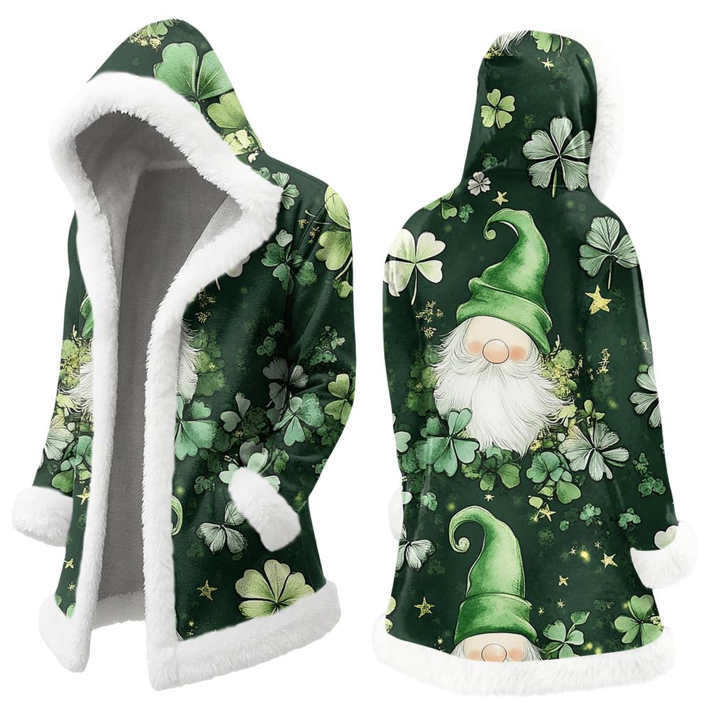Unisex Casual And Fashionable Plush Collar Hooded Long Sleeved St. Patrick's Print Jacket