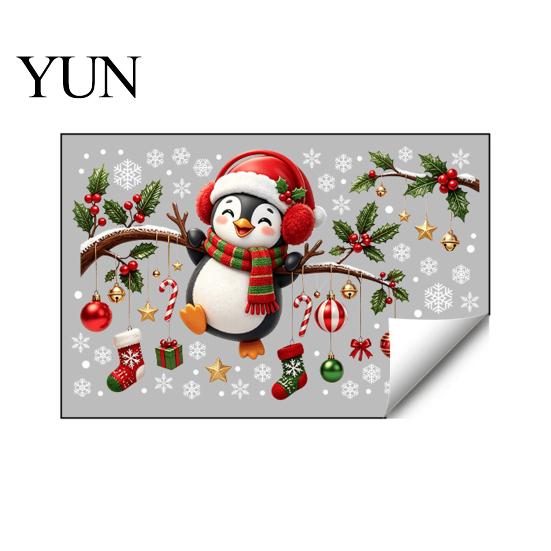 Winter Penguin Window Clings Christmas Static Cling, Decal with Holly Baubles Snowflakes, Festive Home Decor Supplies for Living Room Window,