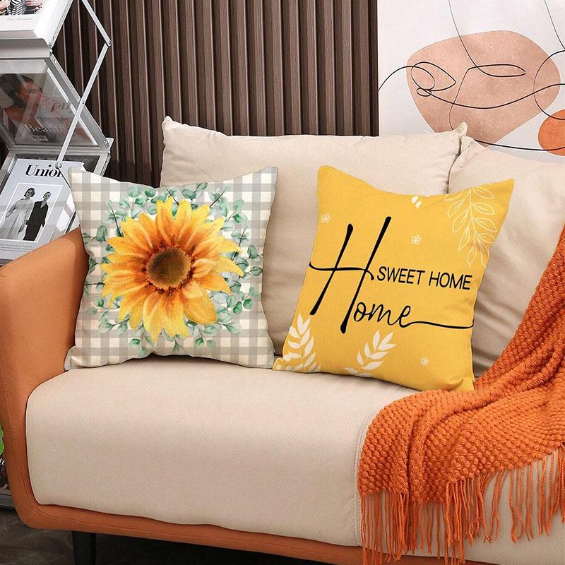 1pc Spring Themed Alphabet, Leaves, Sunflower Decorative Yellow Pillow Cover For Sofa, Couch, Home Deco