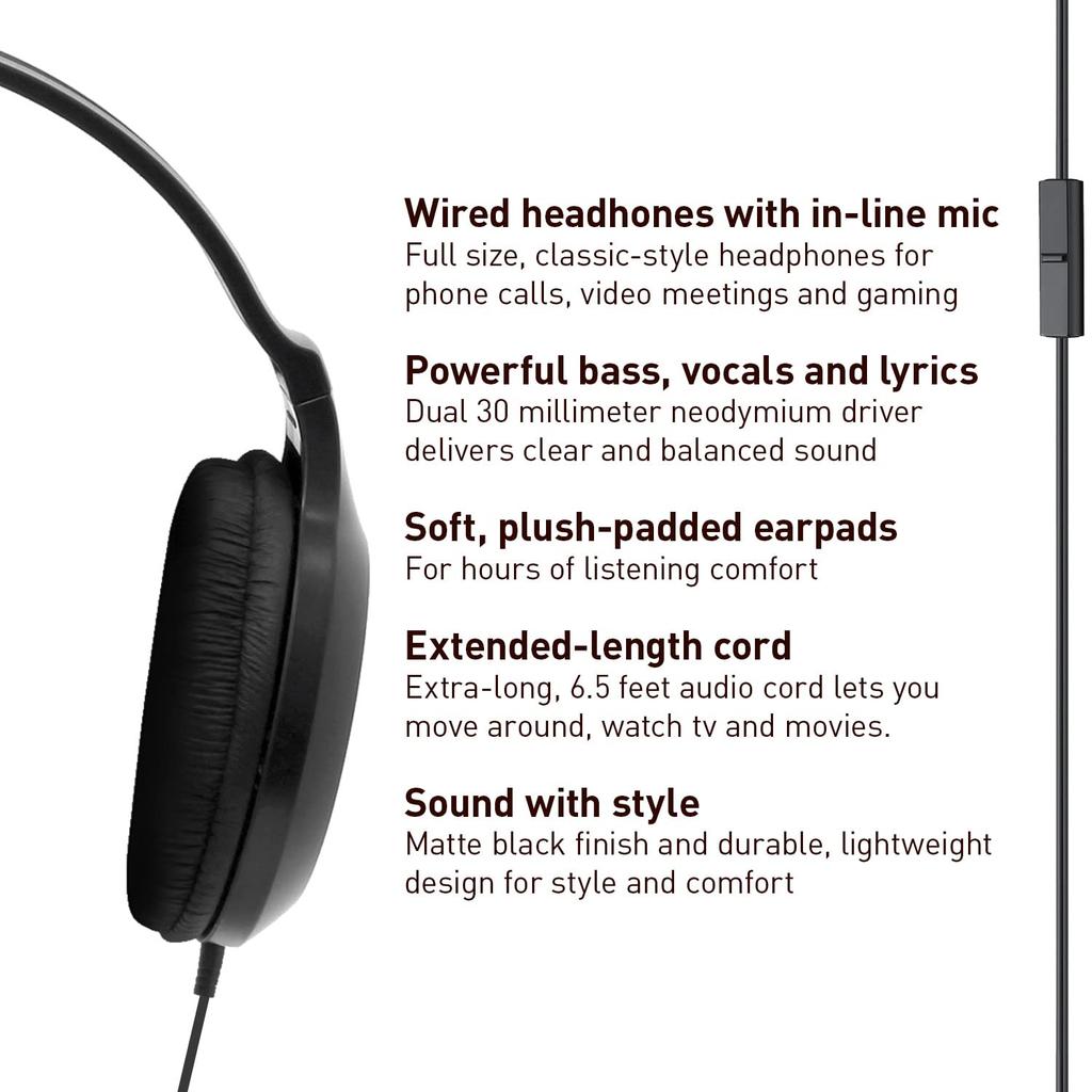 Panasonic Lightweight Wired Headphones with Sound and XBS Extra Long for Mobile Phones and Laptops Over-Ear Microphone, Bass, Cord, 3.5mm Jack, -