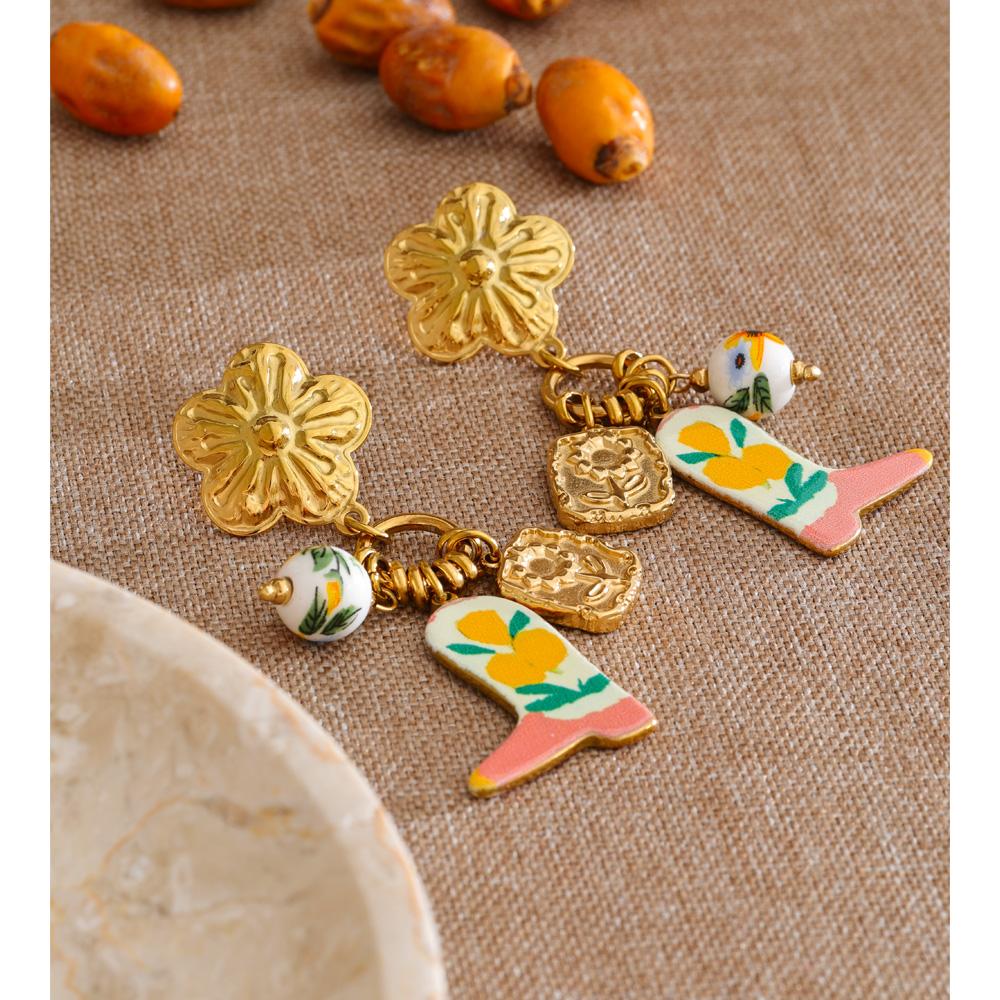 Yhpup Stainless Steel Ceramic Flower Shoes Drop Charm Earrings Spring Summer Creative Handmade Jewelry 2026 18K Gold PVD Plated