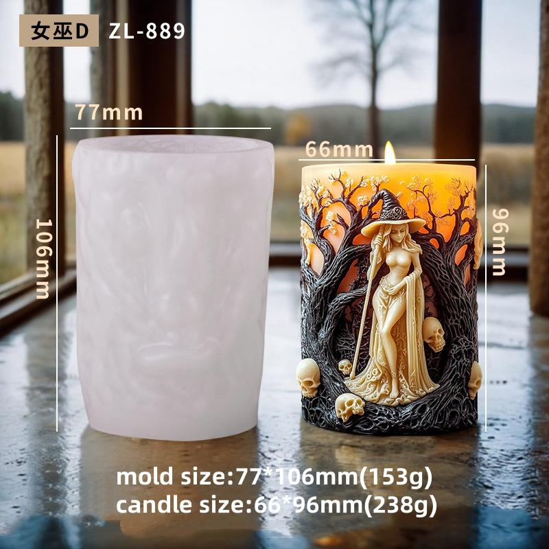 3D Силиконовая форма для цилиндрической свечи с ведьмой, сделай сам, рельеф черепа ведьмы, цилиндр для ароматерапии, силиконовая форма для смолы, декор на Хэллоуин, подарки