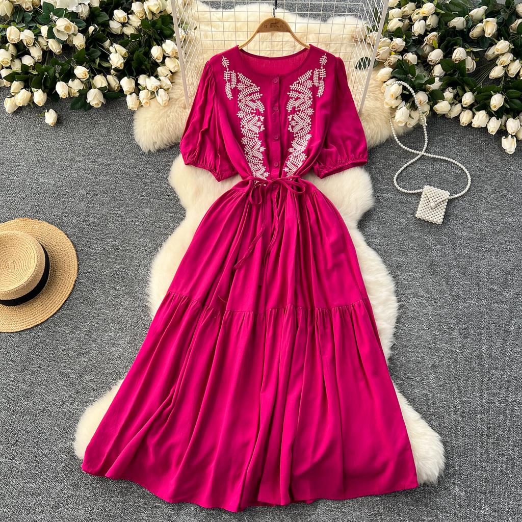 Винтажное платье с круглым вырезом для женщин с рукавами-фонариками, вышитыми шнуровкой, платья А-силуэта, однотонные лоскутные пуговицы, летнее платье