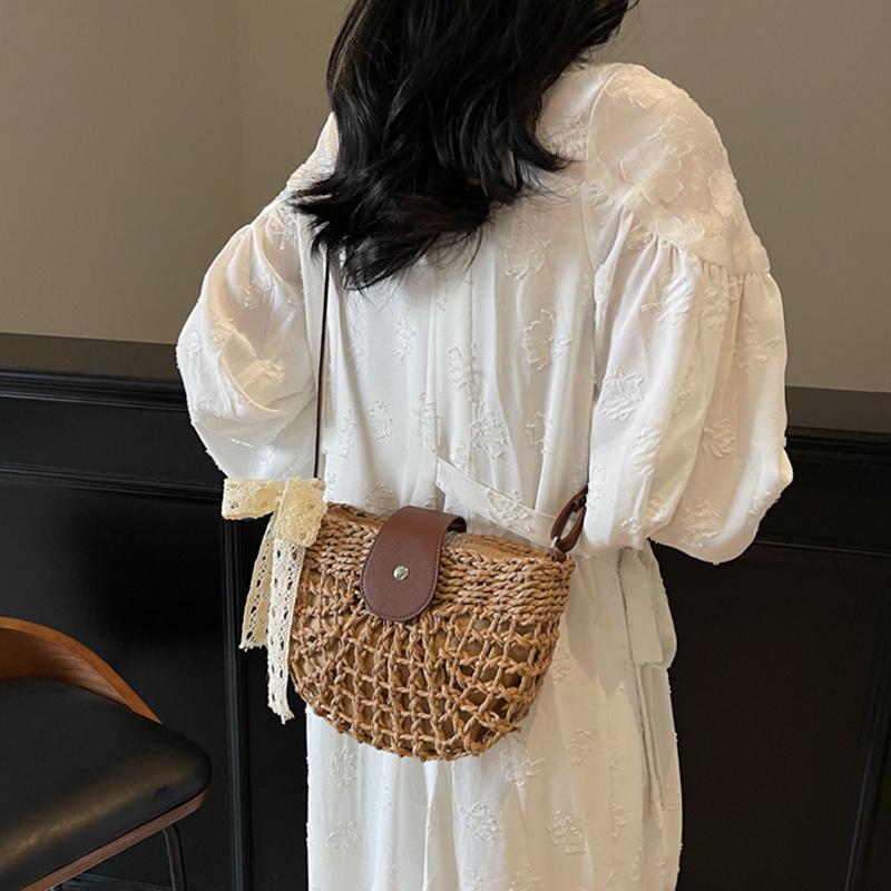 Летняя соломенная сумка для женщин, модная полукруглая сумка кроссбоди, плетеная вручную из ротанга, сумка-мессенджер, дорожная пляжная сумка KTB