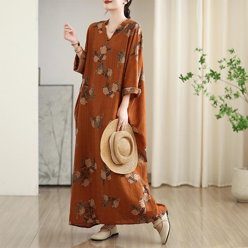 Early Spring Vacation Style Tourism V-neck Artistic Retro Mid To Long Loose Casual Meat Covering Dress
