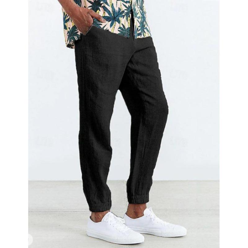 Men Casual Linen Pants Elastic Waist Drawstring Jogger Trousers Loose Fit Daily Outdoor Streetwear Long Pants