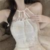 Women's White Lace Halter Camisole - Winter Short Outwear Sexy Base Layer Top