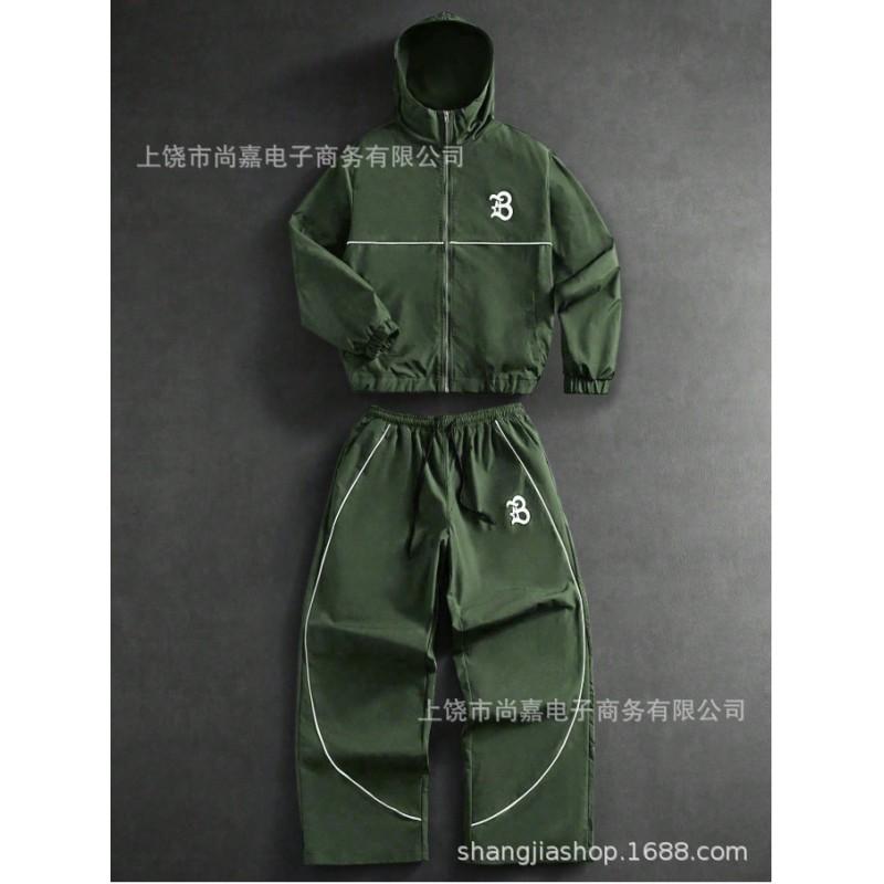 Mens Letter Print Hooded Zip Jacket Tracksuit Casual Sportswear Set S-6XL