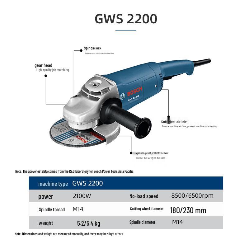 Bosch GWS 2200-180 Industrial Angle Grinder CN plug (adapter included)
