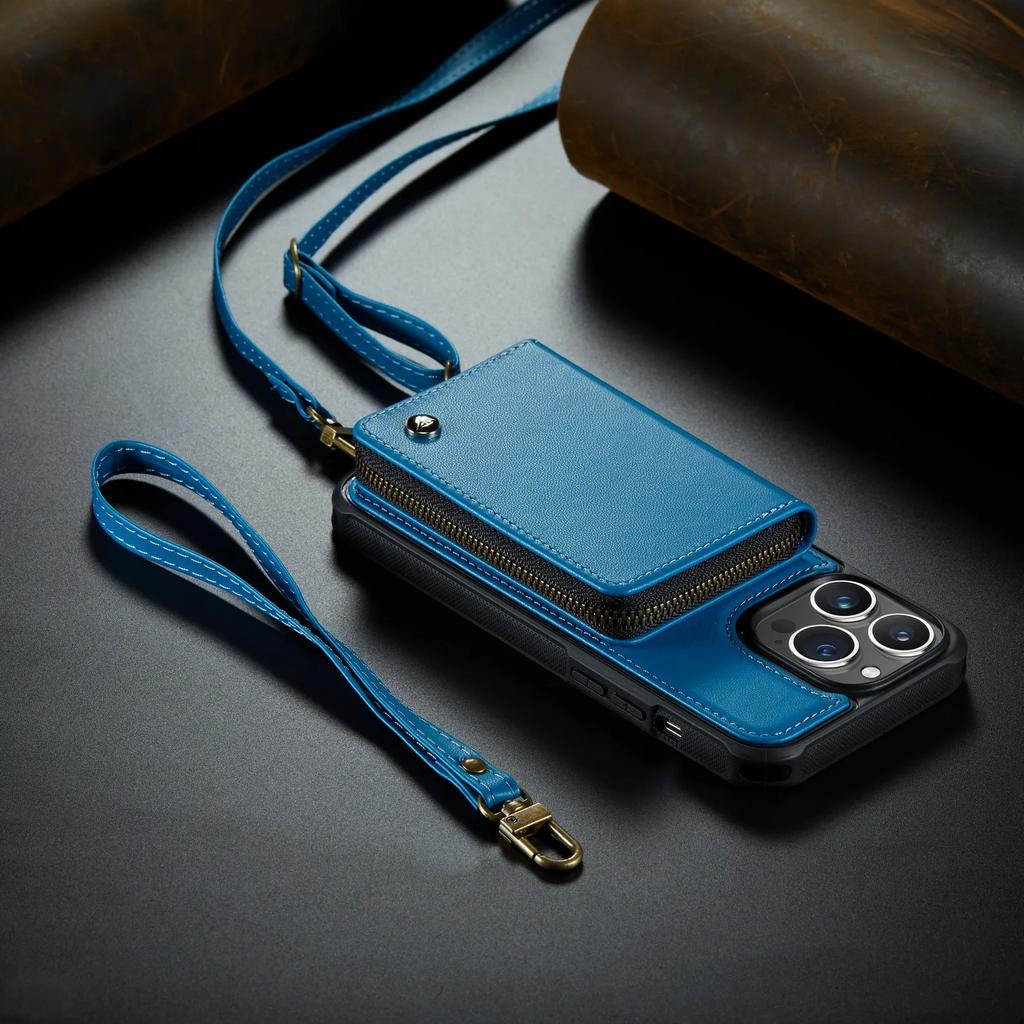 Zipper Leather Wallet Phone Case For iPhone 16 Pro Max 14Plus 14 15 13 12 11 Cards Holder Solt Stand Hand Strap Back Cover Coque
