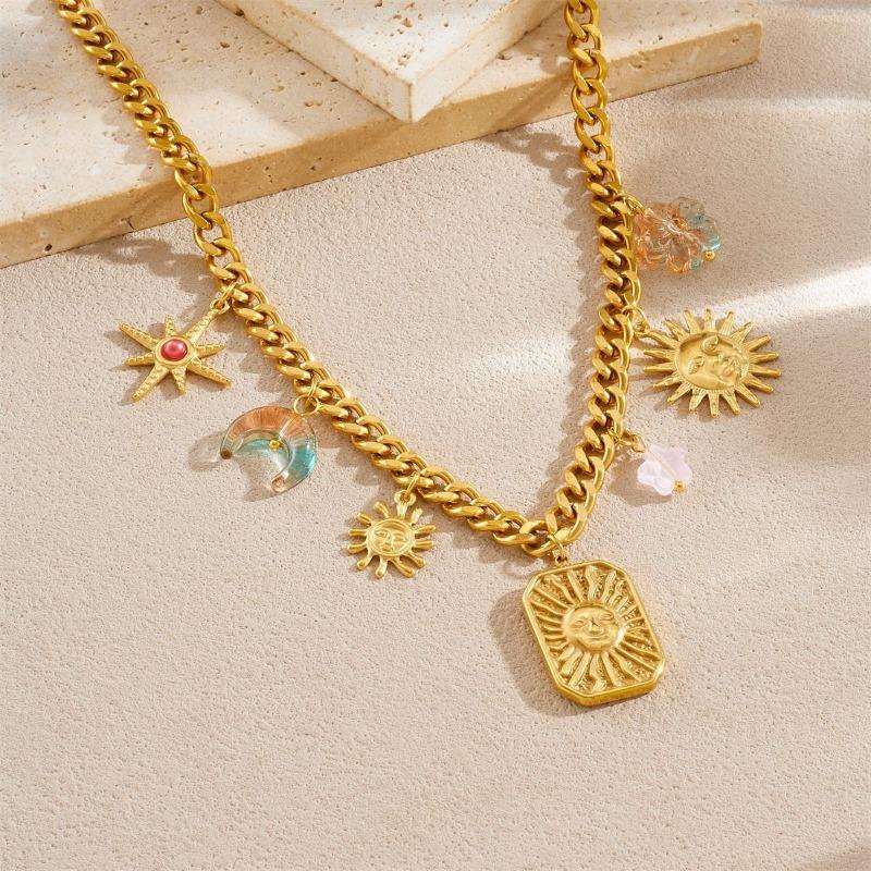 Gold Plated Sun Moon Star Charm Jewelry Set Necklace and Bracelet for Women Stainless Steel with Crystal Beads
