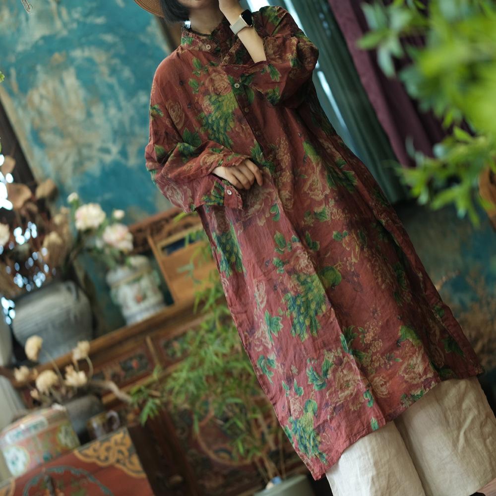 Johnature Women Vintage Print Floral Dress Stand Long Sleeve Red Linen Chinese Style Autumn Women A-Line Dress