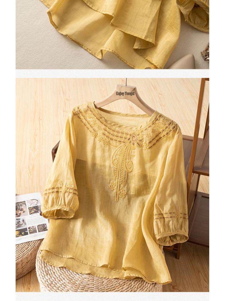 Женская льняно-хлопковая рубашка премиум-класса больших размеров с коротким рукавом - Лето 2025, китайский стиль