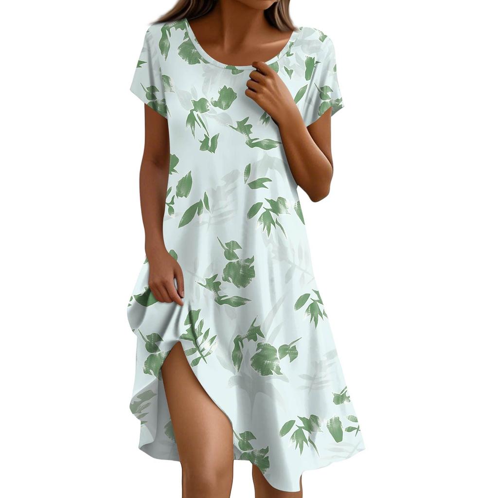 Short Sleeve Boho Dress For Women Casual Loose Fit Summer Sundress Floral Print Dress With Pockets