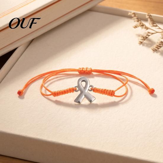 Simple Adjustable String Bracelet 2PCS Hand-woven Braided Bracelets with Metal Ribbon Pendant, Cord Awareness Friendship Wristbands, Daily Wear