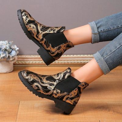 Зимние женские модные кожаные принтованные двойные слипоны на плоской подошве в стиле ретро, короткие ботильоны большого размера для женщин D90