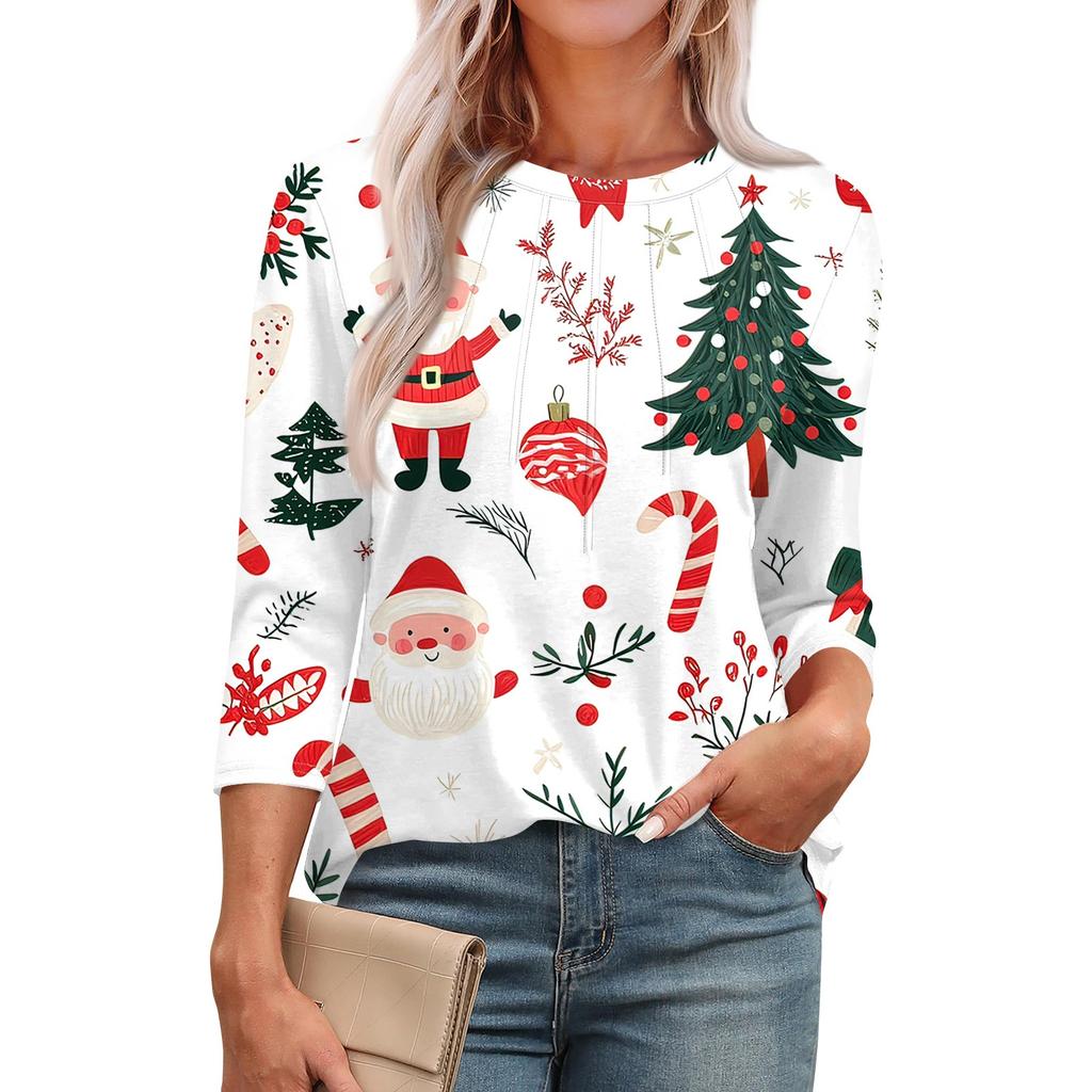 Женская модная футболка с круглым вырезом и рукавом 3/4 с рождественскими принтами, повседневная базовая плиссированная футболка-пуловер