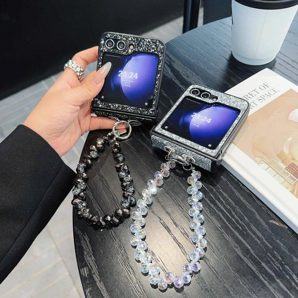 Bling Glitter PU Leather Cover with Bead Wrist Chain Strap Bracelet For Samsung Galaxy Z Flip 6 5 4 3 Phone Case