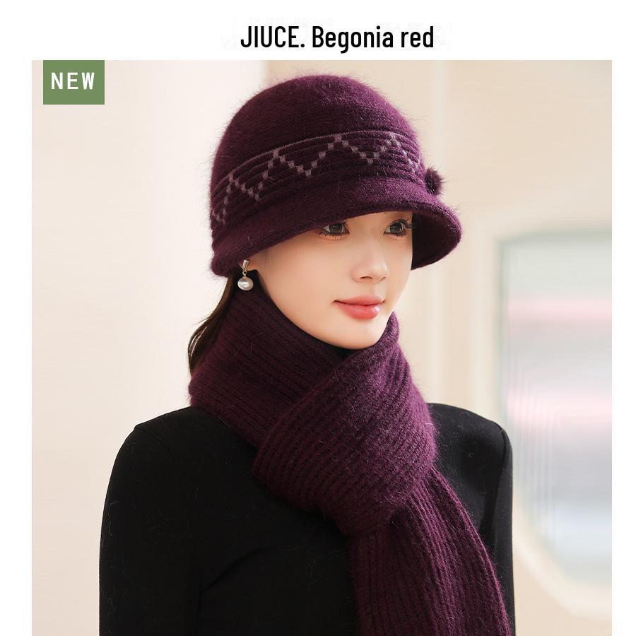 Winter Luxury Rabbit Fur Knit Hat & Scarf Set - Thick, Warm, Ear-Protecting for Middle-Aged & Elderly