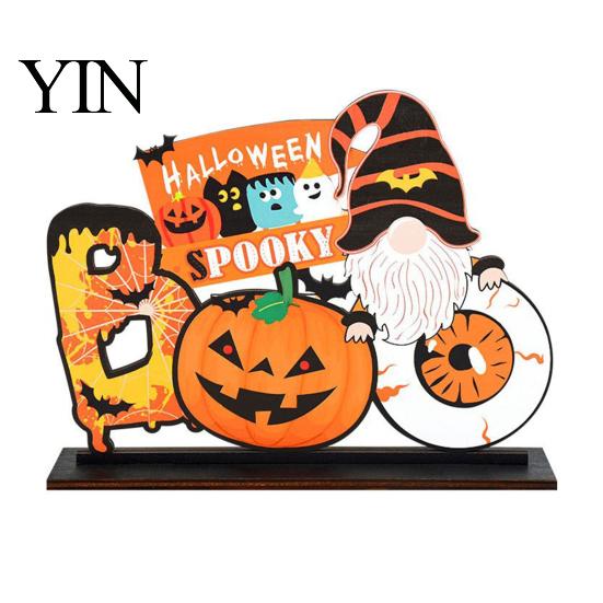 Wooden Pumpkin Ghost Decor Halloween Tabletop Signs, Gnome Wood Centerpiece Blocks, Spooky Durable Color Printing Party Tiered Tray Table Ornaments