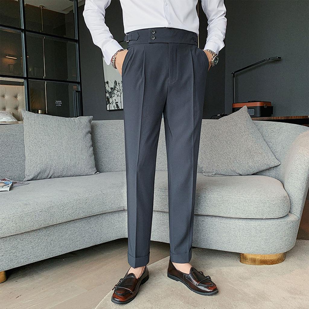 Solid Color High Waisted Pants For Men, Straight Tube Naples Casual Business Italian  Buttoned Long Suit Pants For Men