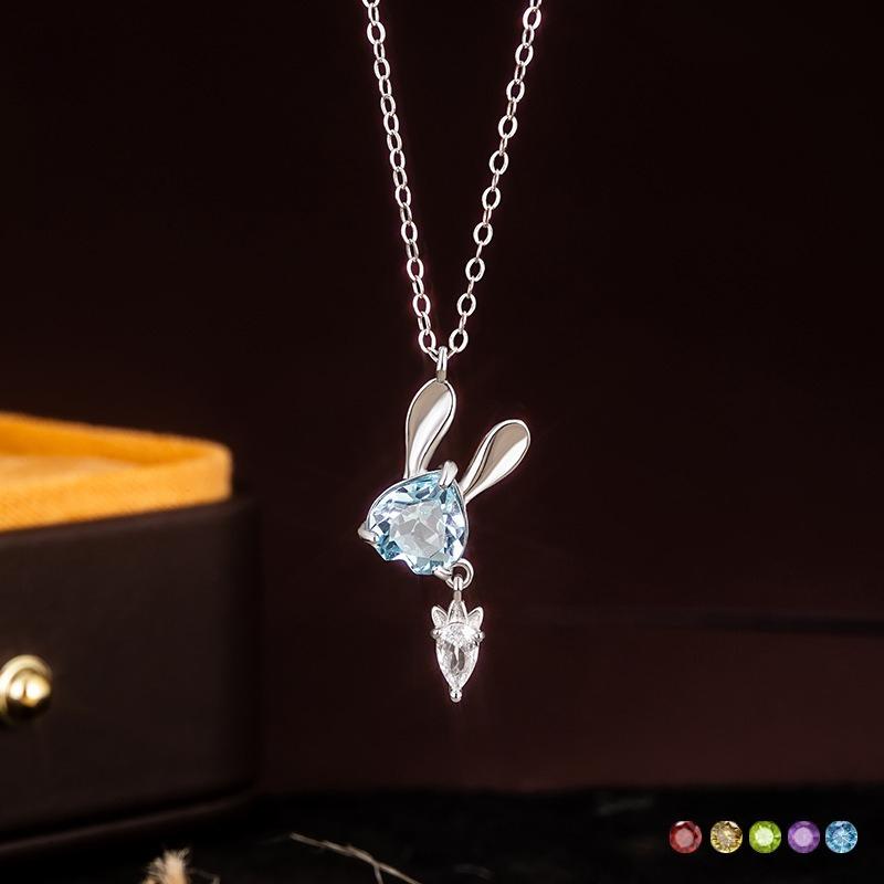 Natural spar cute rabbit necklace s925 sterling silver inlaid with love garnet topaz niche design collarbone chain women