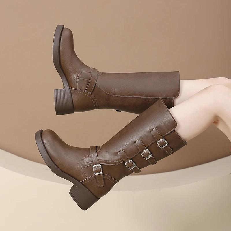 Ботильоны до середины икры с круглым носком, новые осенне-зимние, на толстом каблуке, в британском стиле, универсальные, с темпераментом, модные ботинки для женщин
