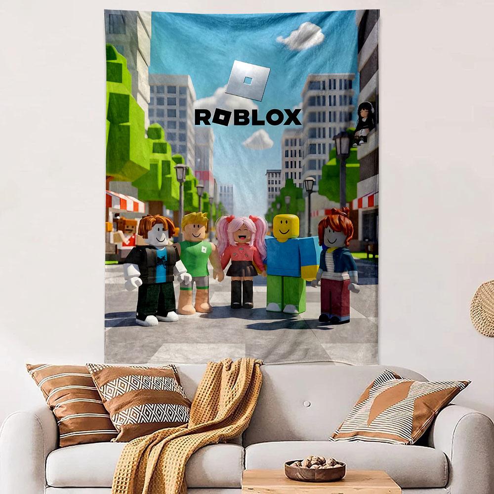 Roblox Characters in Cityscape Art Patterned Tapestry Decorative Wall Hanging, Home Bedroom Living Room Decor