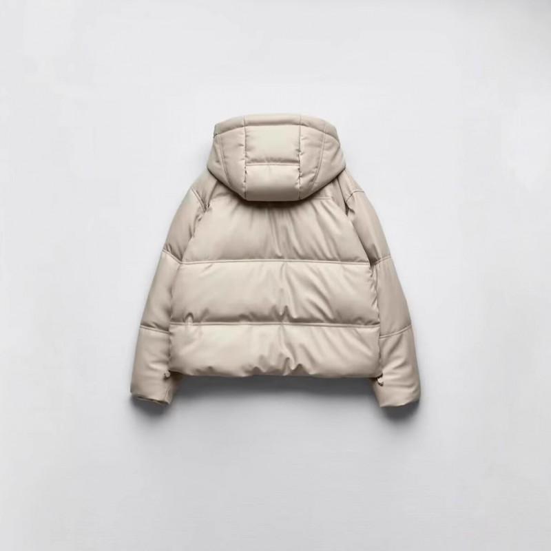 Womens Winter Faux Leather Puffer Jacket Hooded Warm Casual Coat